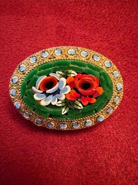 Vintage Floral Micro Mosaic Green, Red and blue Enamel Brooch